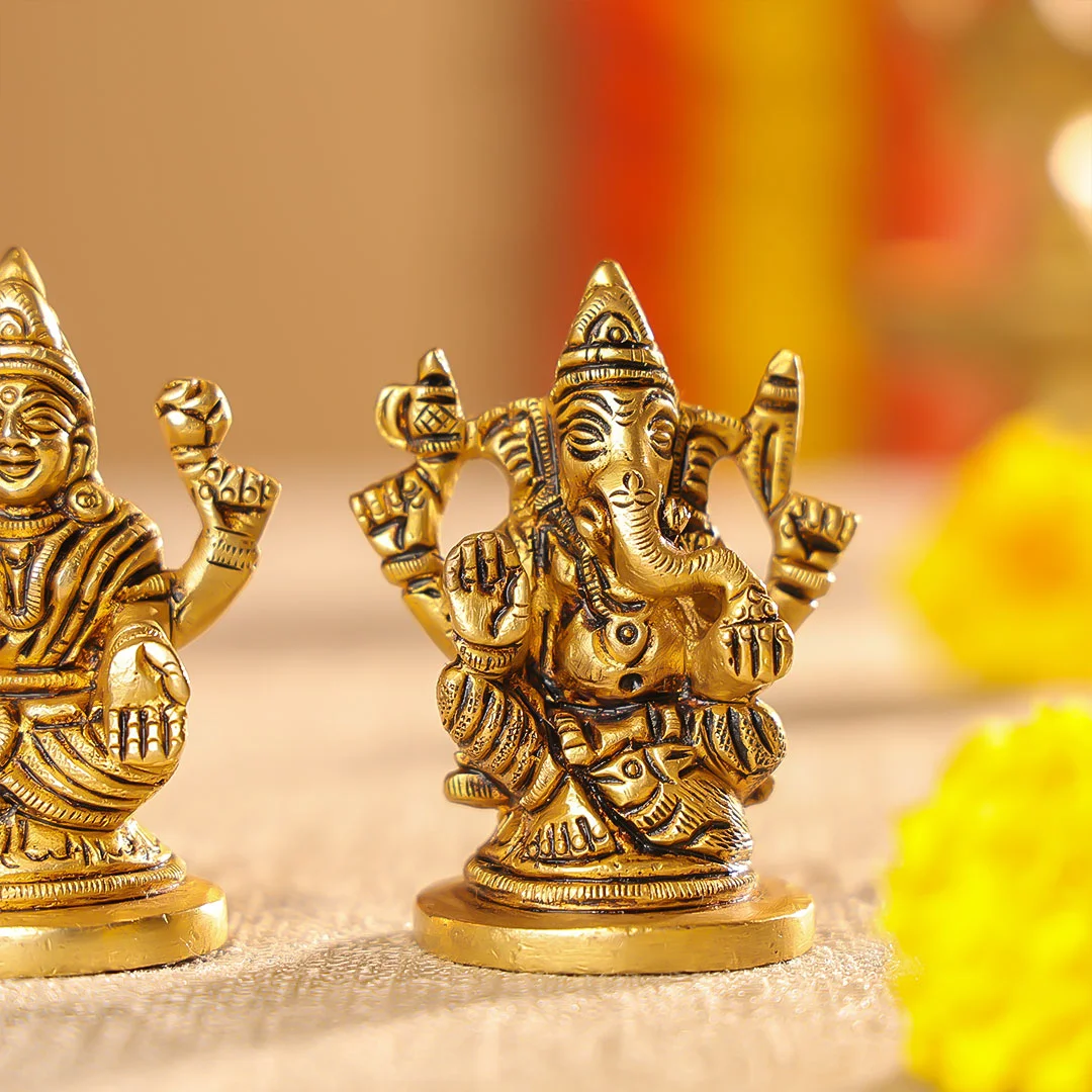 2.5" Brass Lord Ganesha & Laxmi Seated On Round Base Idol Set - Image 6