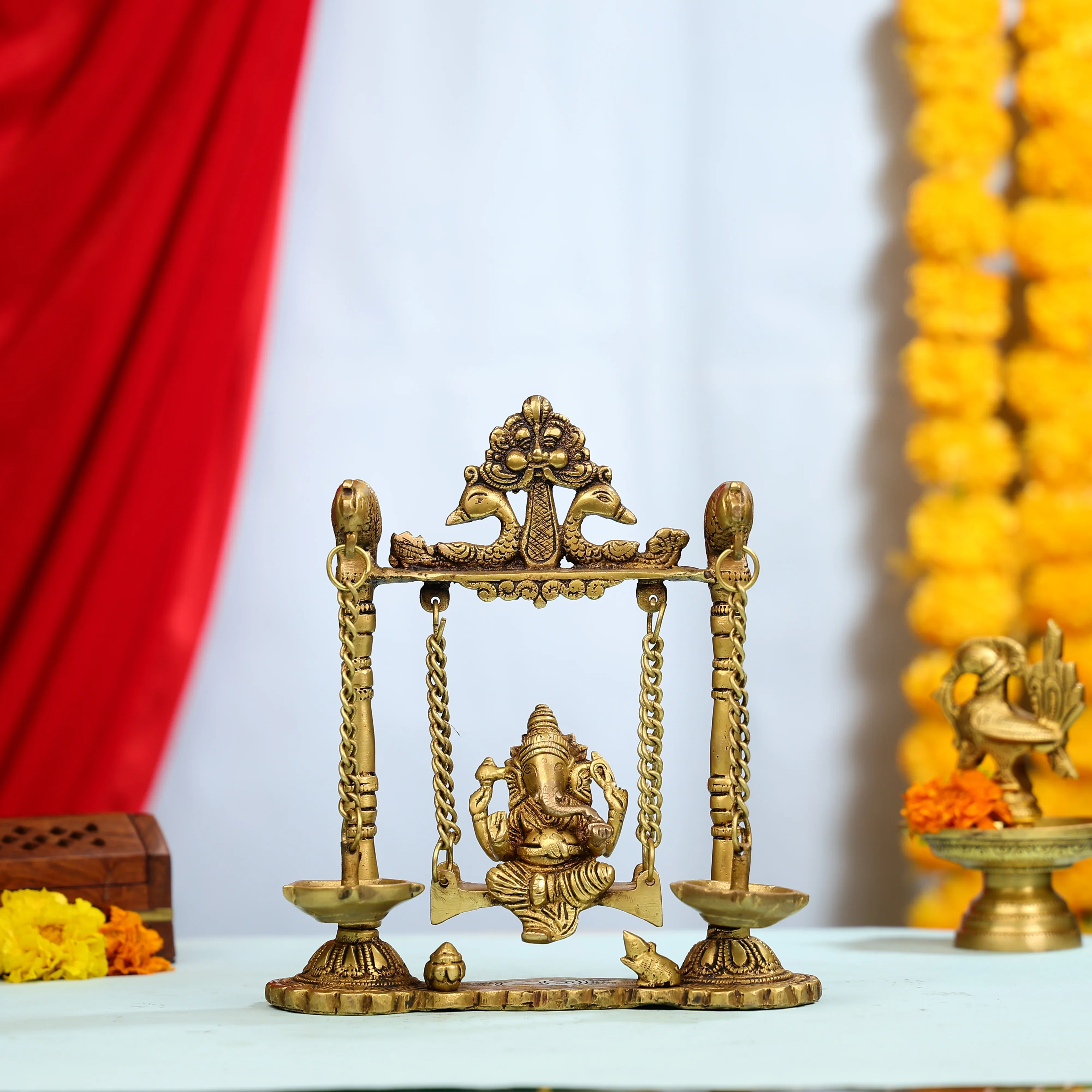 9" Brass Lord Ganesha On Swings Idol With Hanging Panch Diya On Both Sides