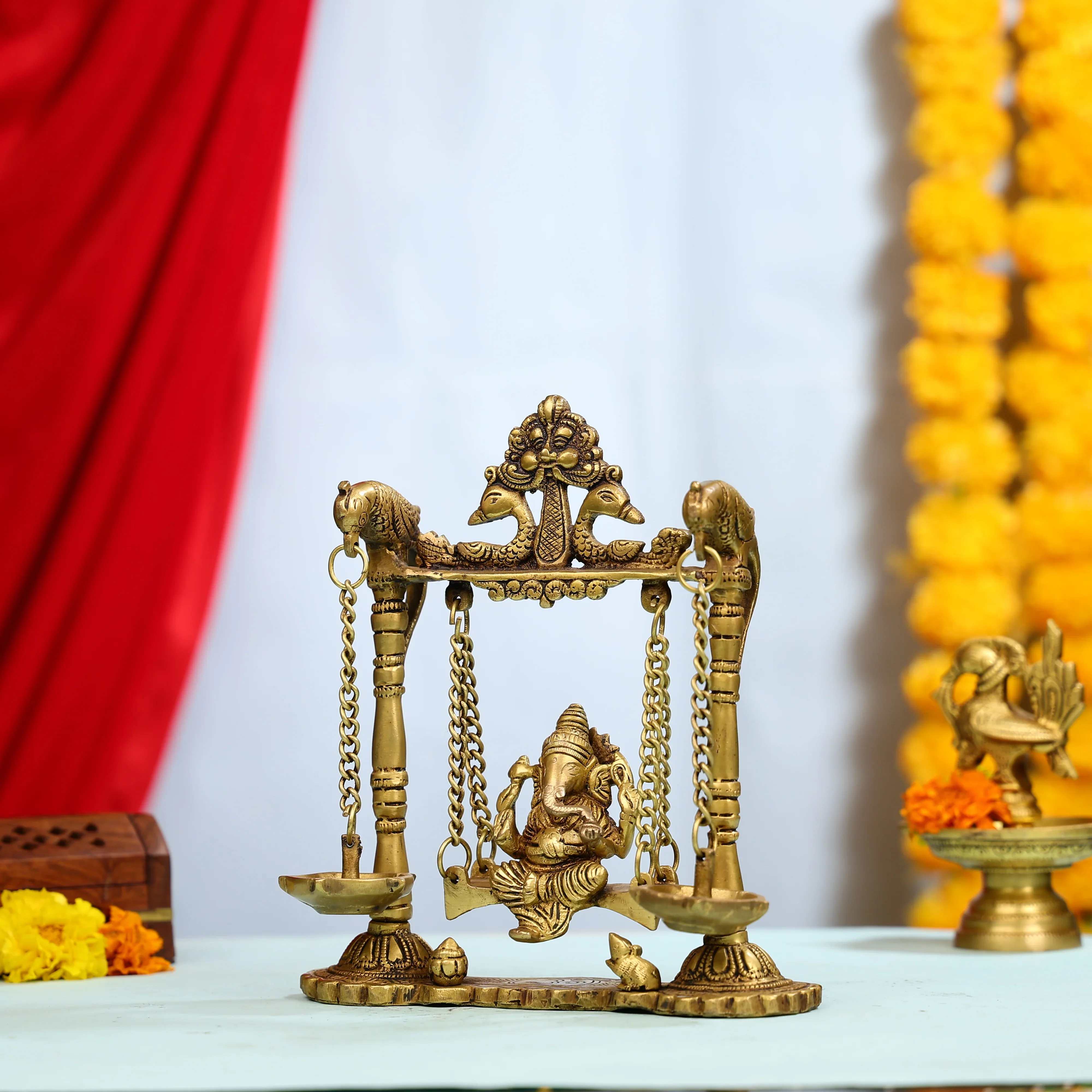 9" Brass Lord Ganesha On Swings Idol With Hanging Panch Diya On Both Sides - Image 2