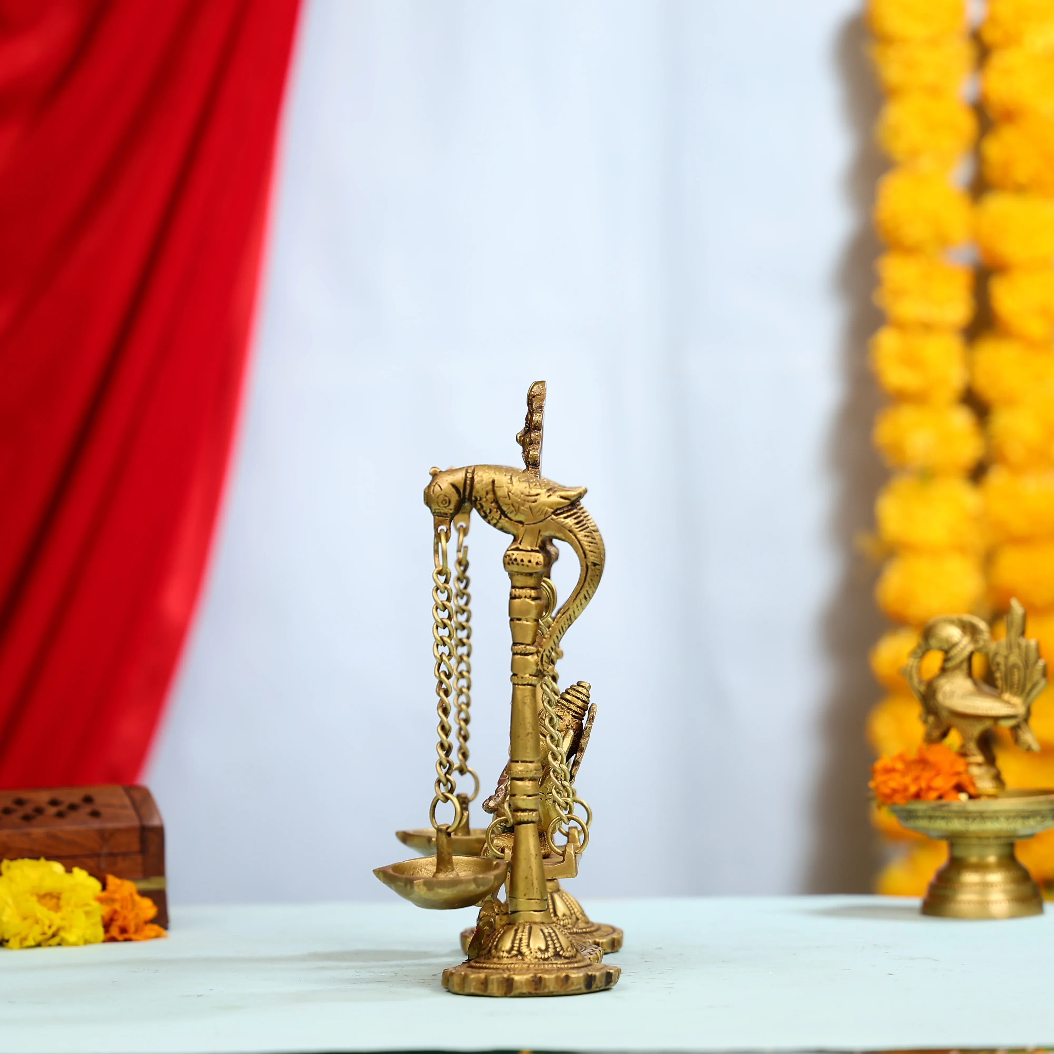 9" Brass Lord Ganesha On Swings Idol With Hanging Panch Diya On Both Sides - Image 3