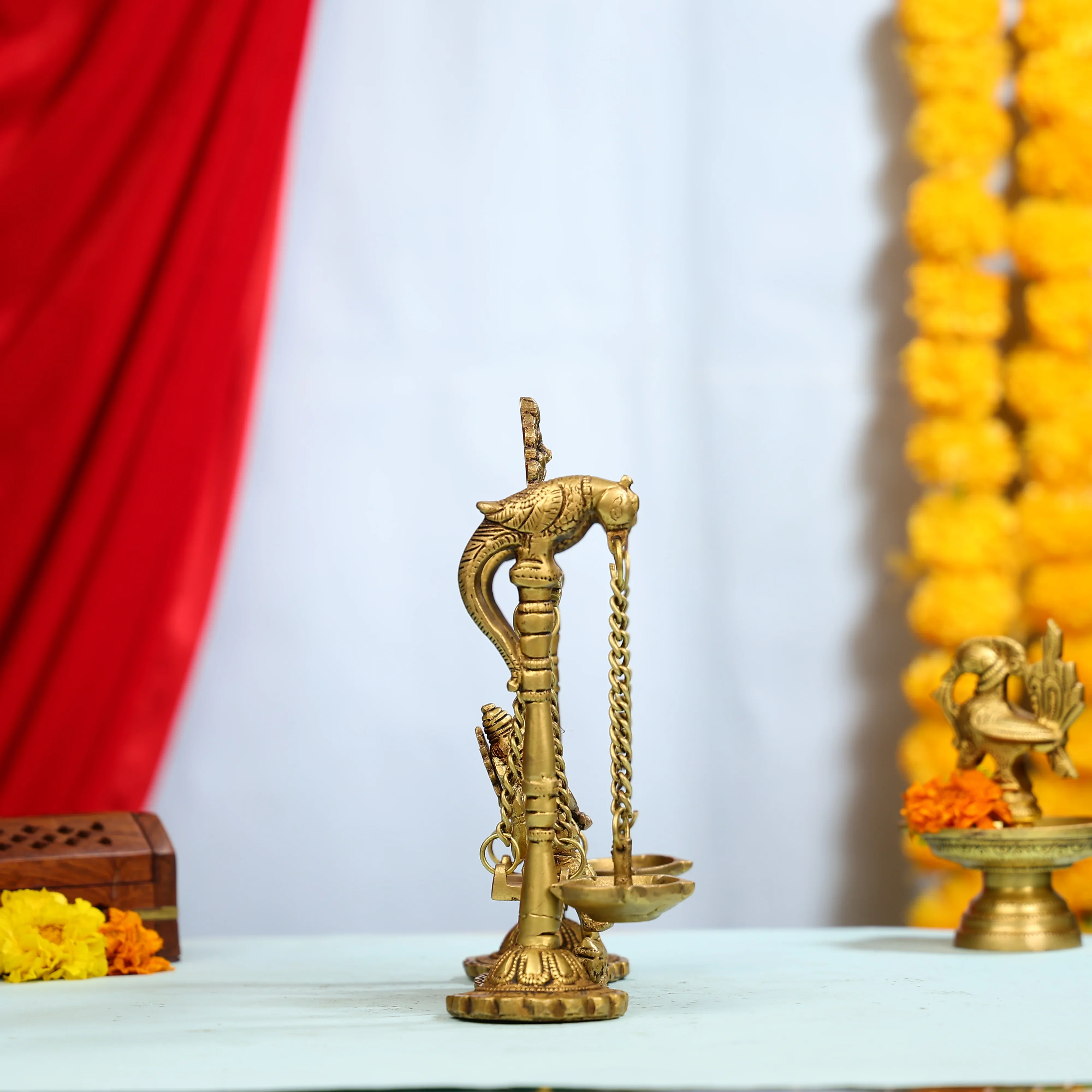 9" Brass Lord Ganesha On Swings Idol With Hanging Panch Diya On Both Sides - Image 6