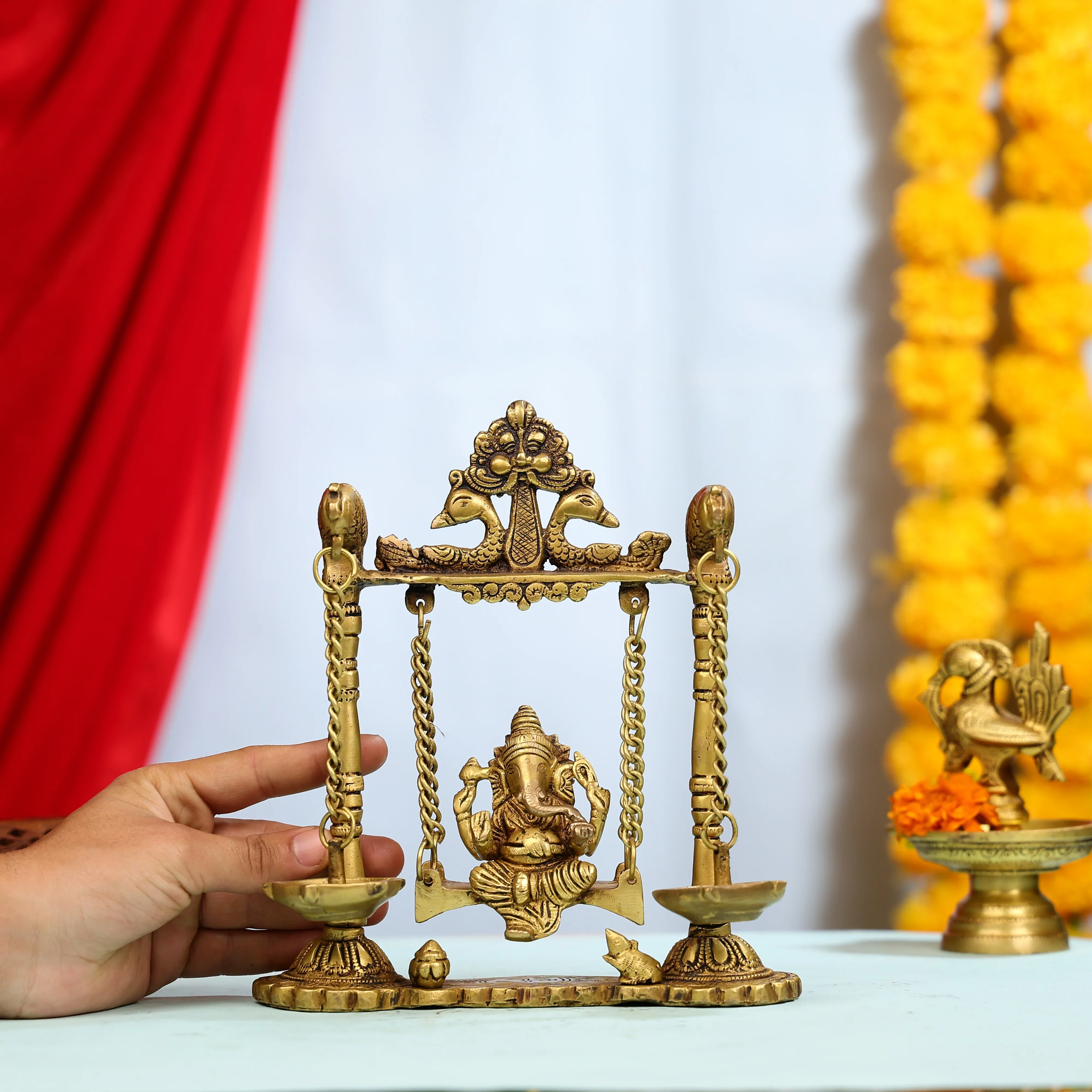 9" Brass Lord Ganesha On Swings Idol With Hanging Panch Diya On Both Sides - Image 7