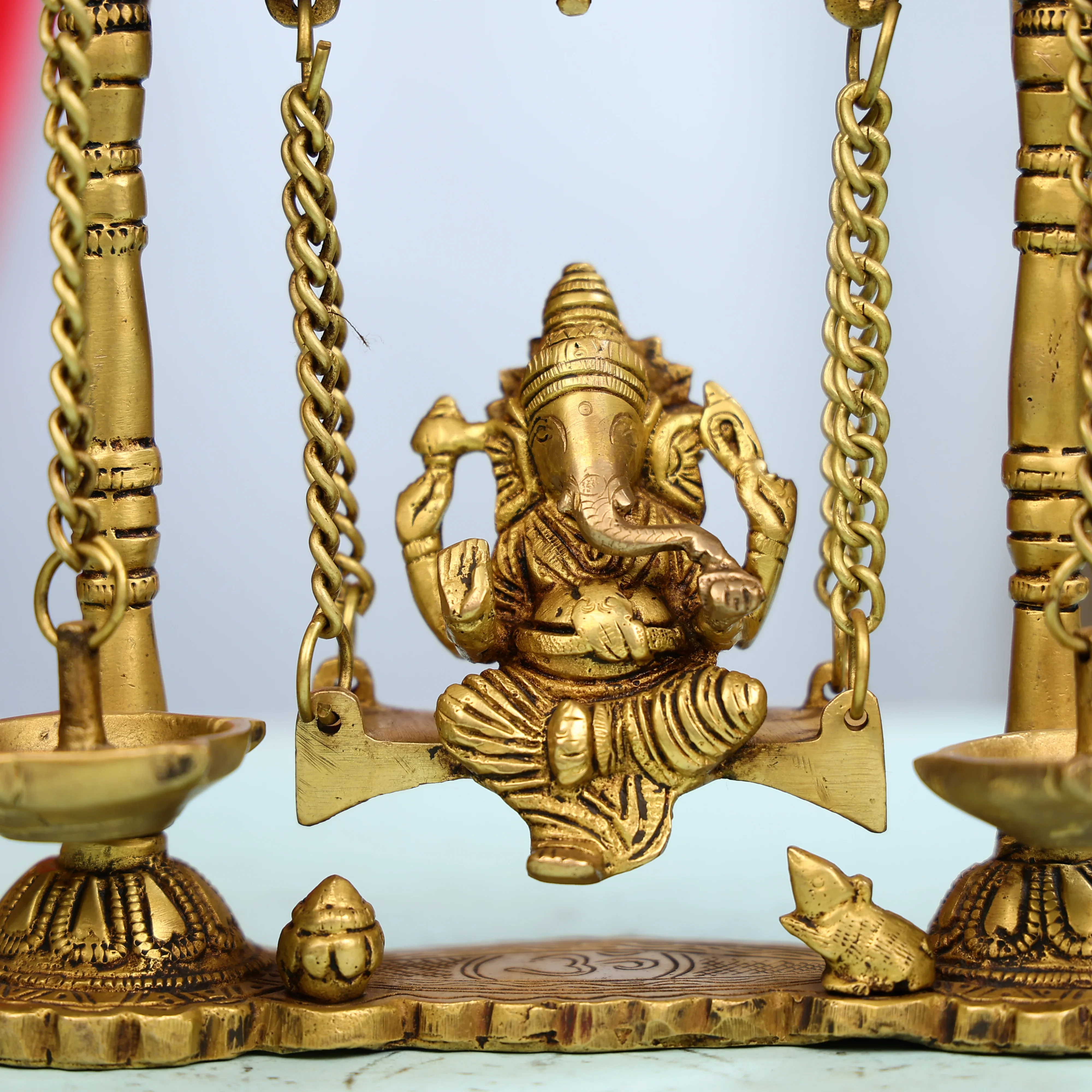 9" Brass Lord Ganesha On Swings Idol With Hanging Panch Diya On Both Sides - Image 8
