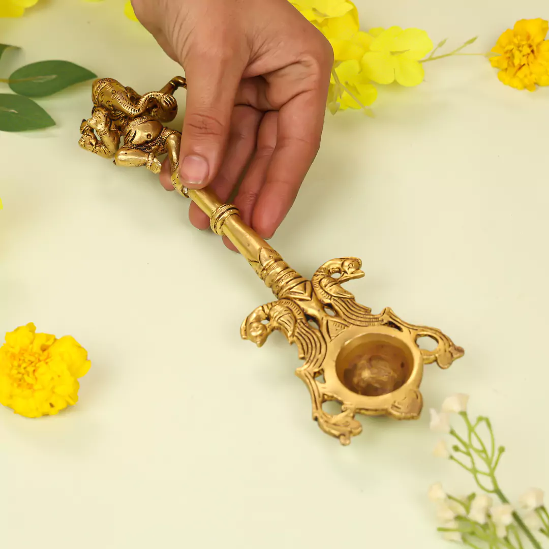 10" Brass Lord Ganesha Pooja Hawan Spoon - Image 3