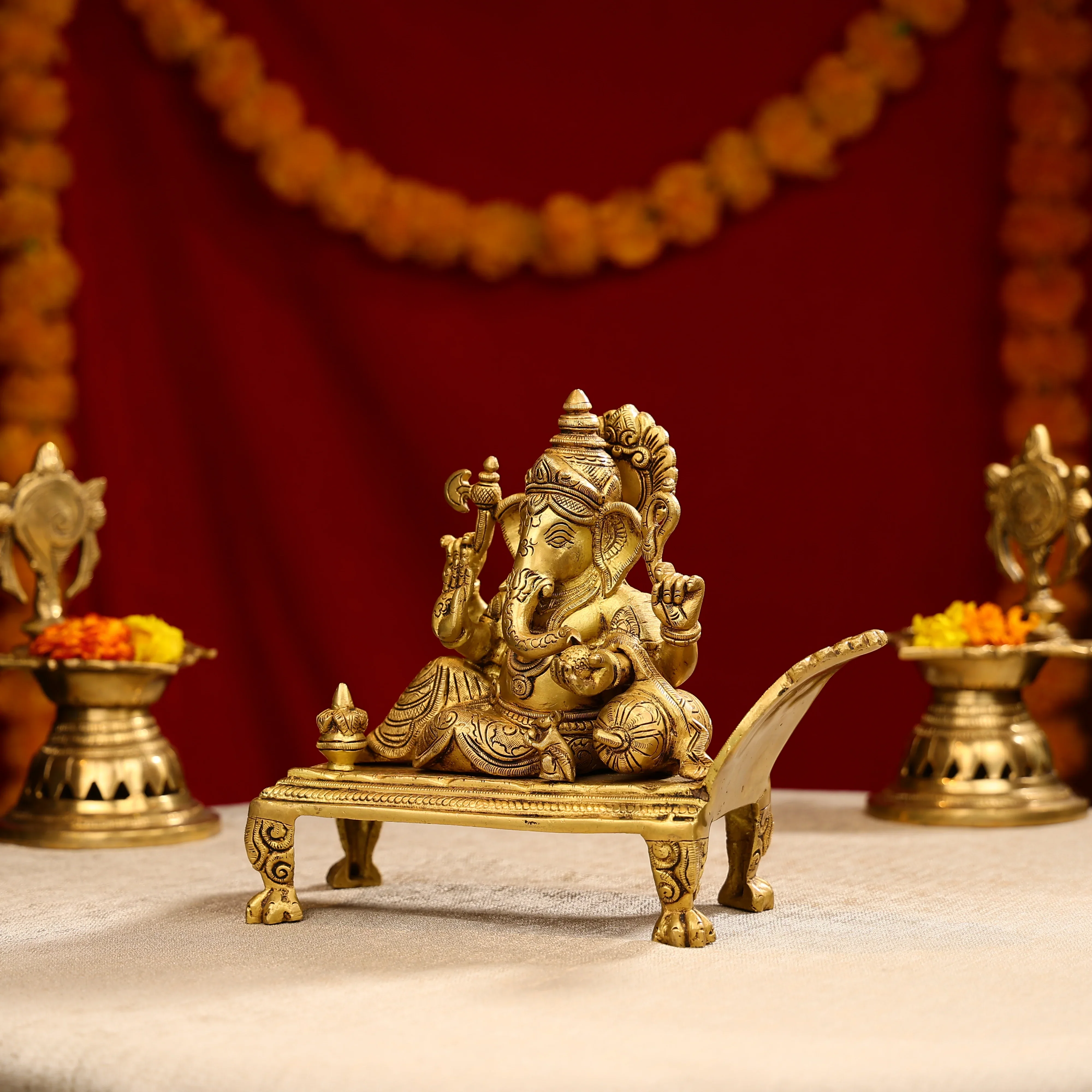 9" Brass Super Fine Blessing Lord Ganesha Resting On Sofa - Image 2