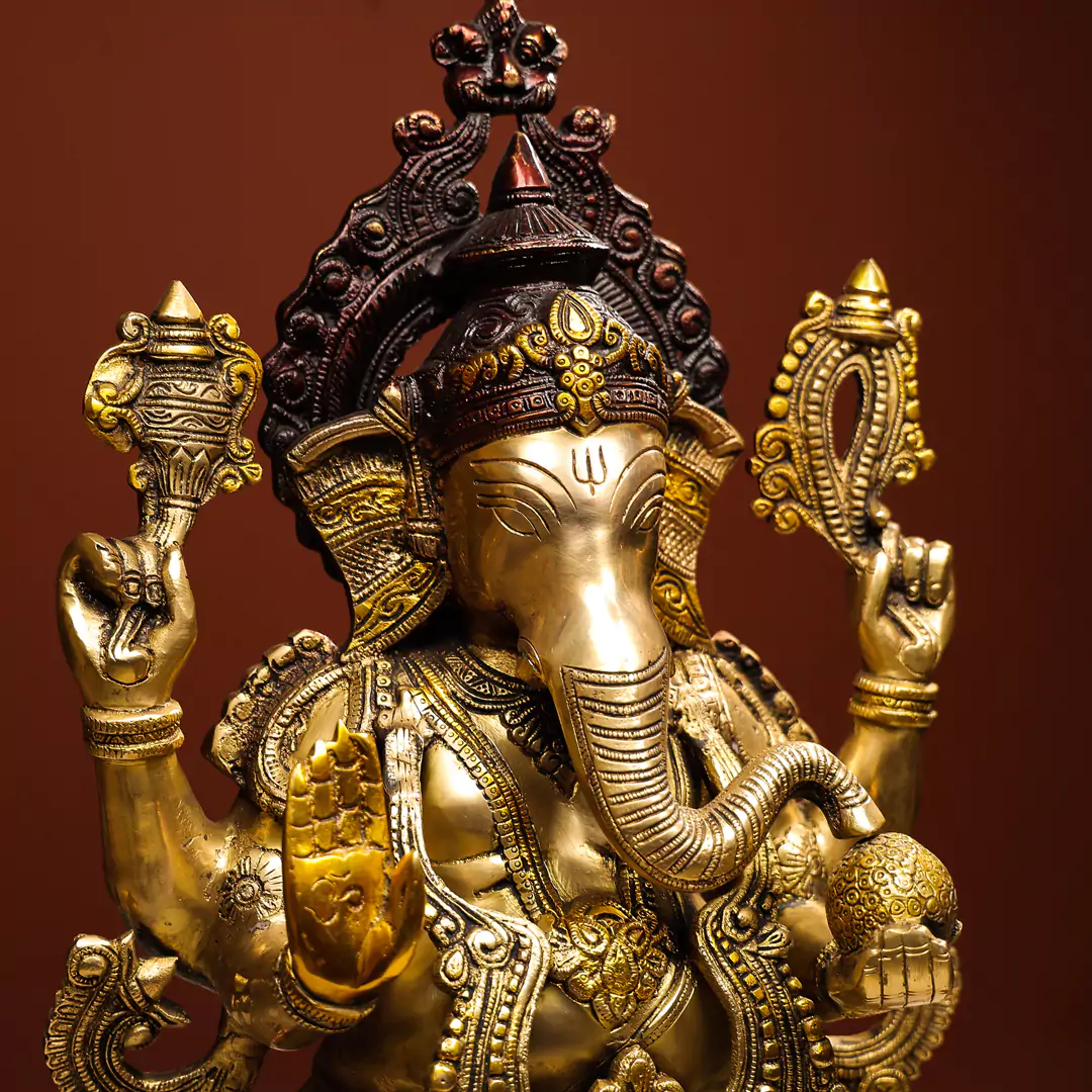 Brass Lord Ganesha Seated On Lotus Pedestal Idol - Image 3