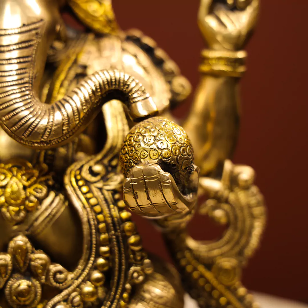 Brass Lord Ganesha Seated On Lotus Pedestal Idol - Image 4