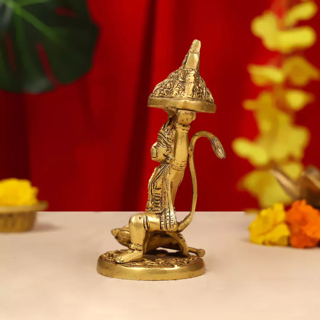 7" Brass Lord Hanuman Idol Carrying The Sanjeevani Mountain - Image 4