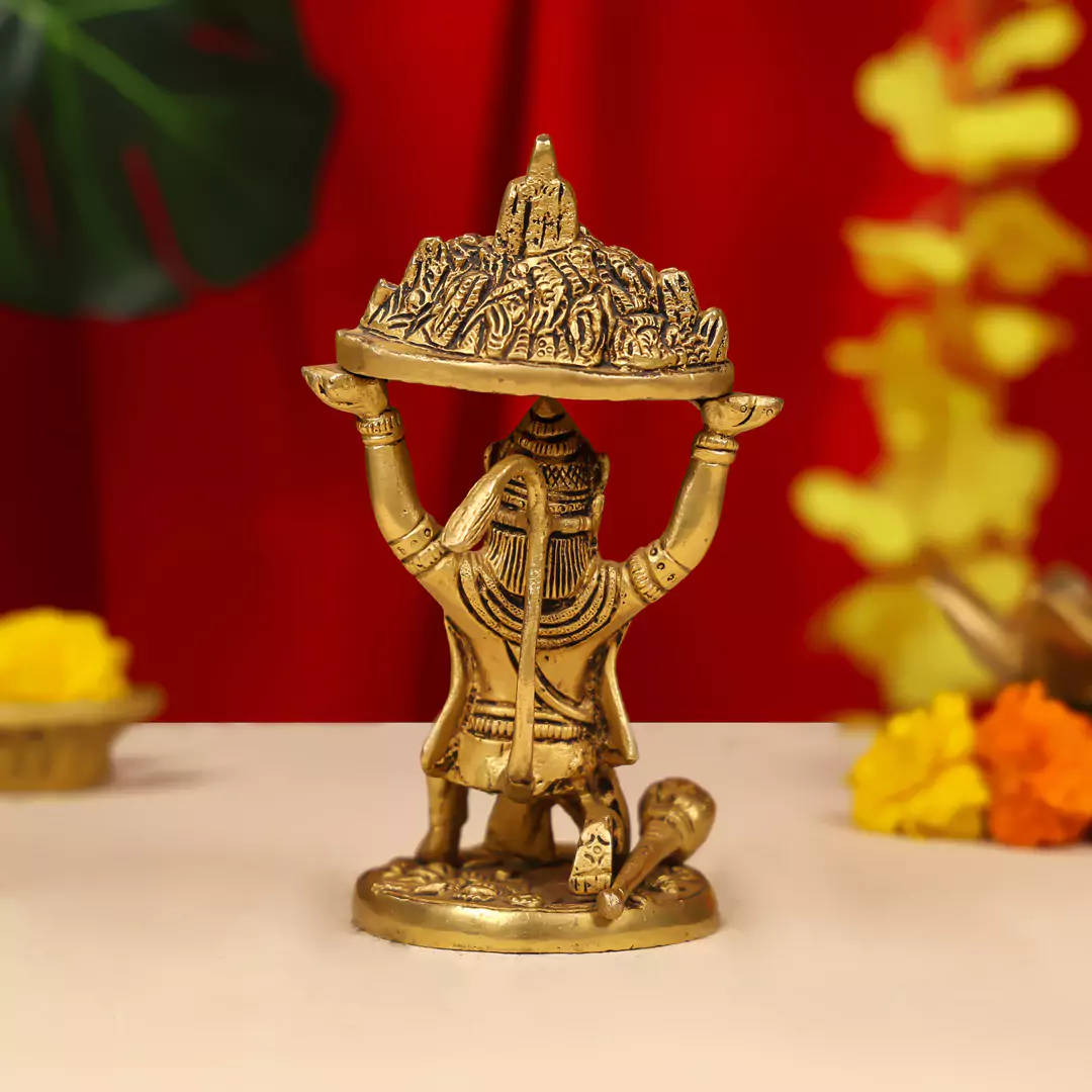 7" Brass Lord Hanuman Idol Carrying The Sanjeevani Mountain - Image 5