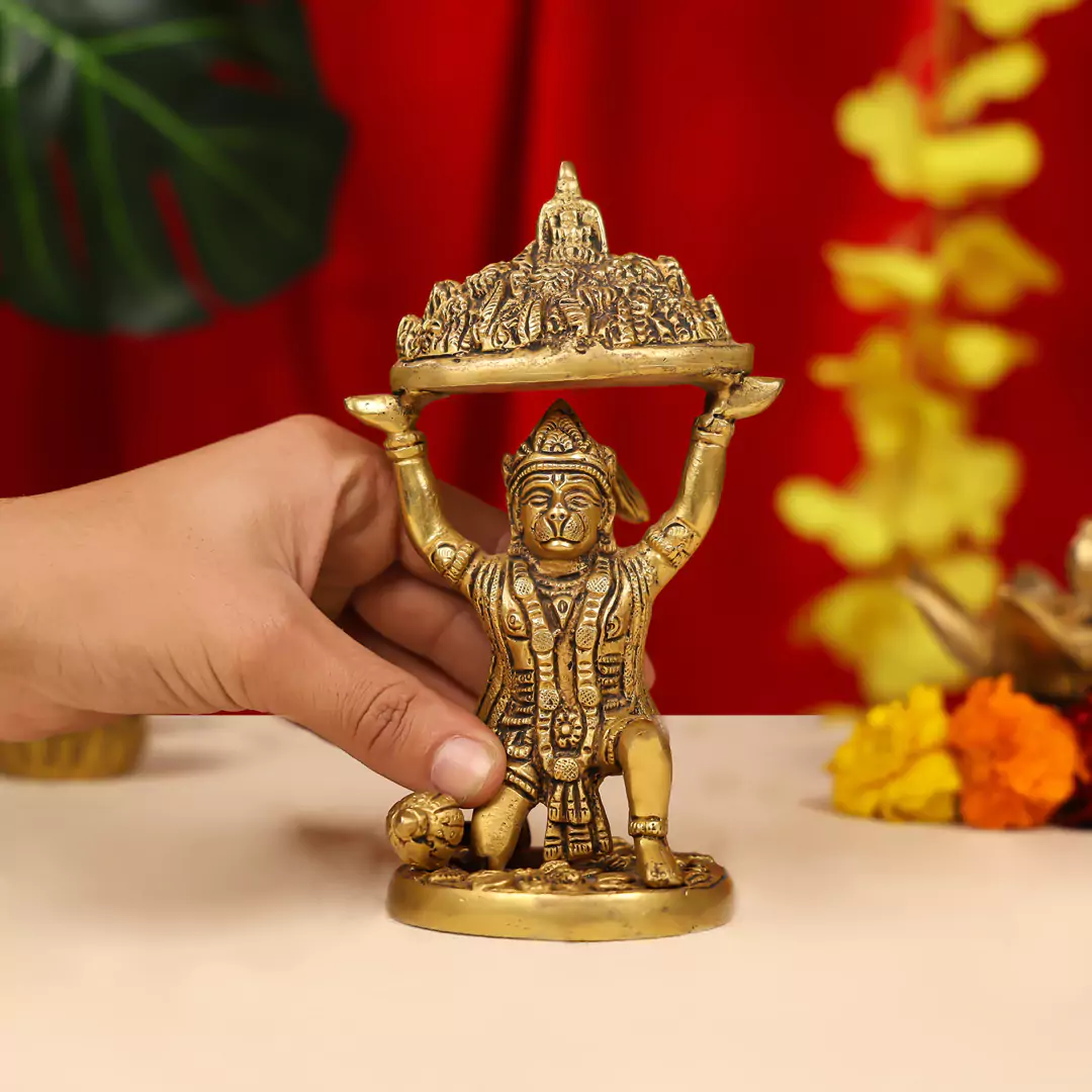 7" Brass Lord Hanuman Idol Carrying The Sanjeevani Mountain - Image 6