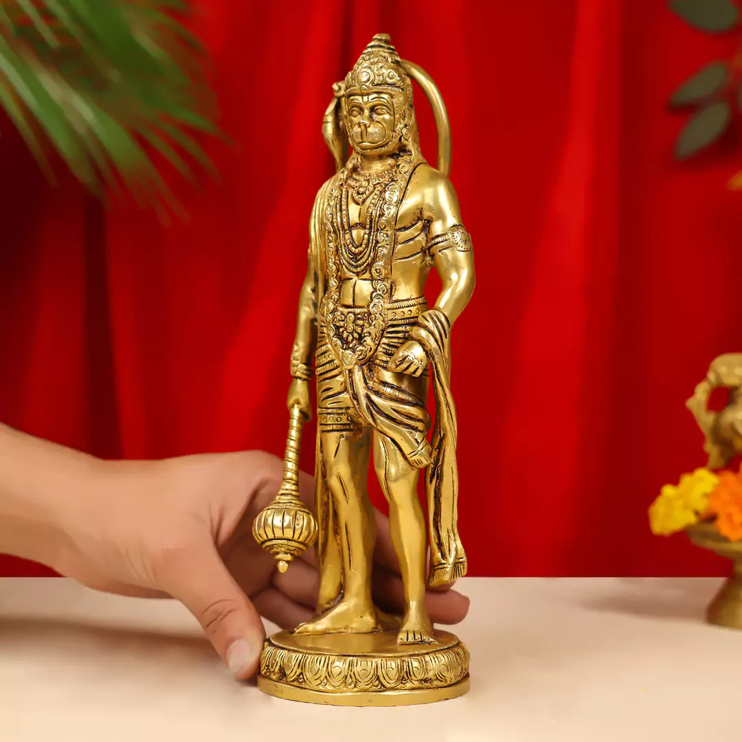 10" Brass Lord Hanuman Idol Standing On Round Base - Image 3