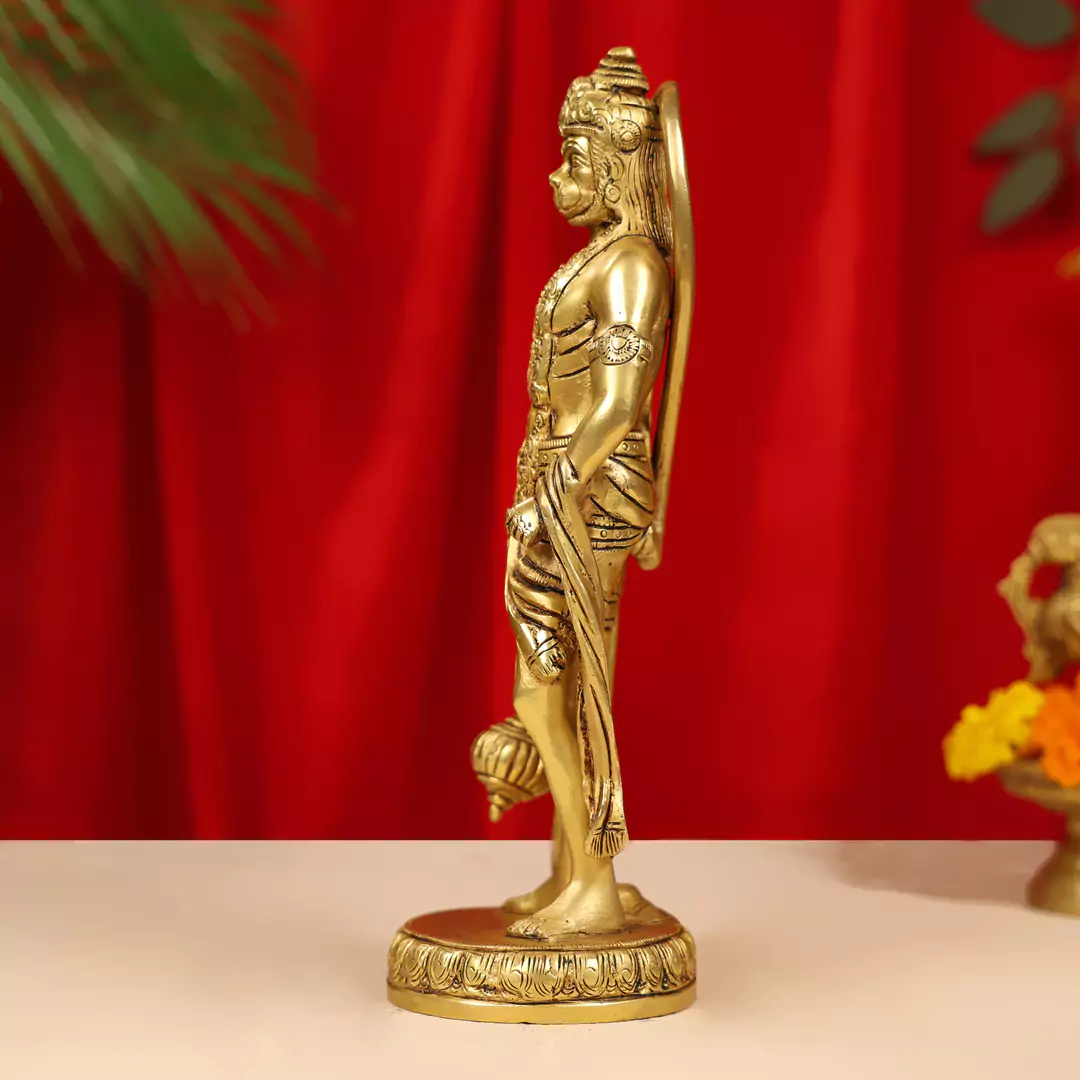10" Brass Lord Hanuman Idol Standing On Round Base - Image 4