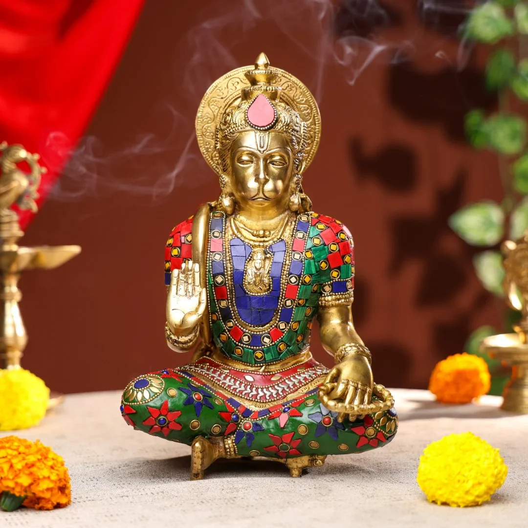 Brass Lord Hanuman Idol With Stone Work