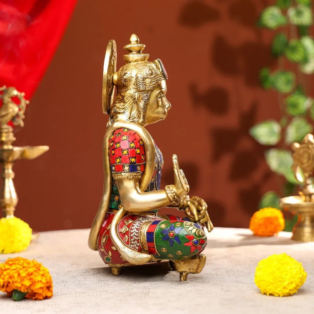 Brass Lord Hanuman Idol With Stone Work - Image 3