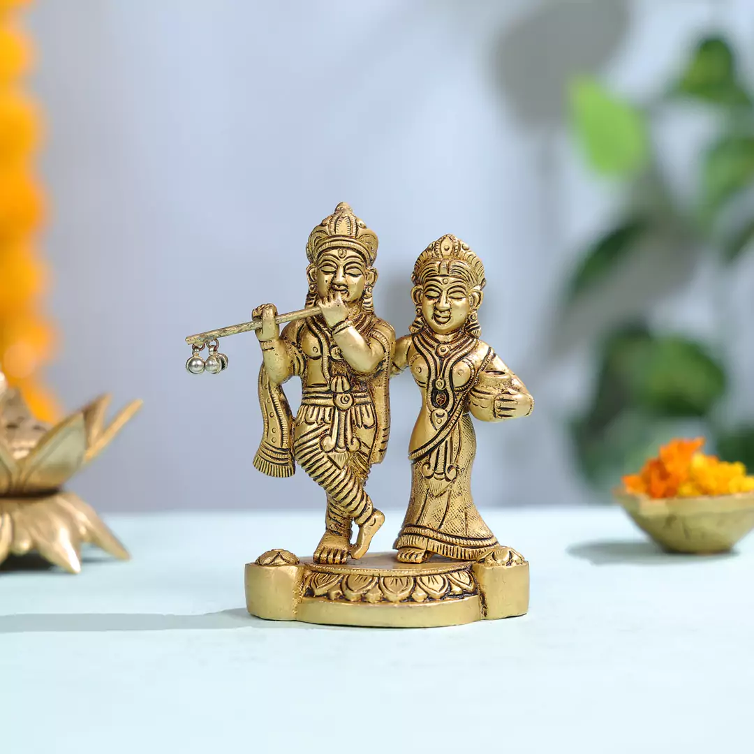 5.5" Brass Radha Krishna Standing On Pedestal Idol