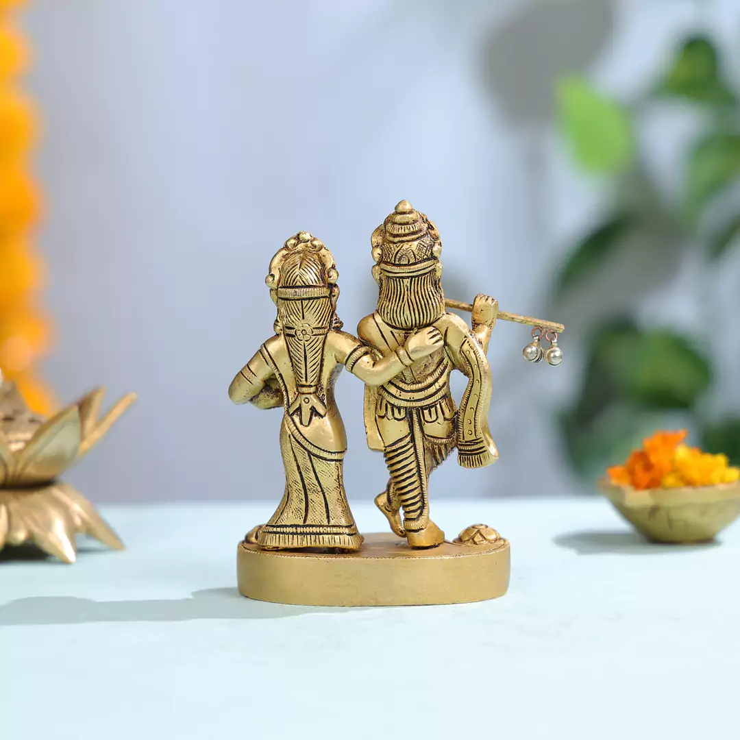 5.5" Brass Radha Krishna Standing On Pedestal Idol - Image 2