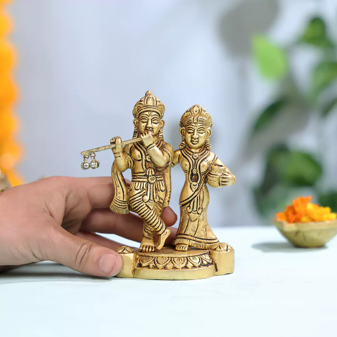 5.5" Brass Radha Krishna Standing On Pedestal Idol - Image 3
