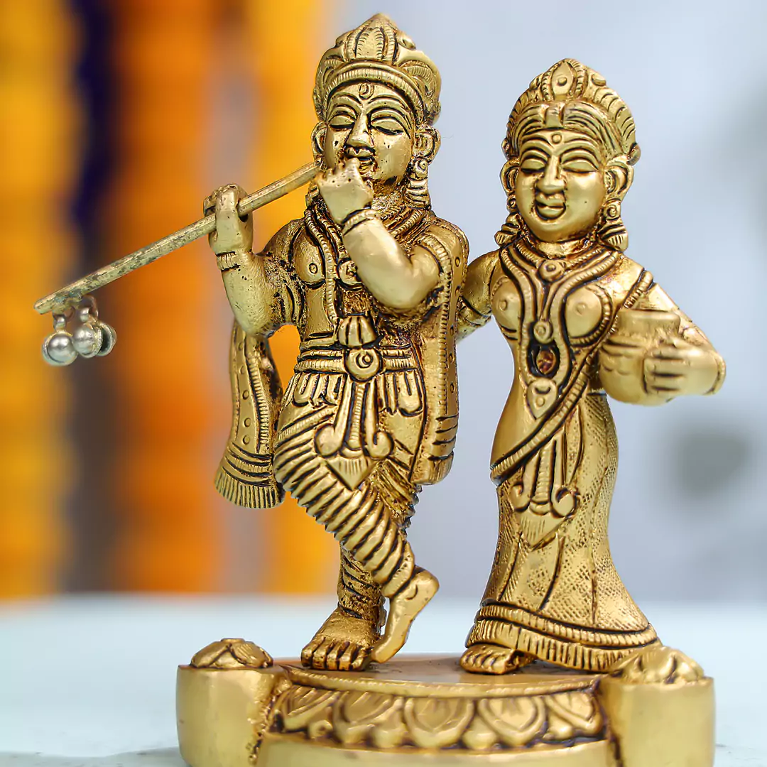 5.5" Brass Radha Krishna Standing On Pedestal Idol - Image 4