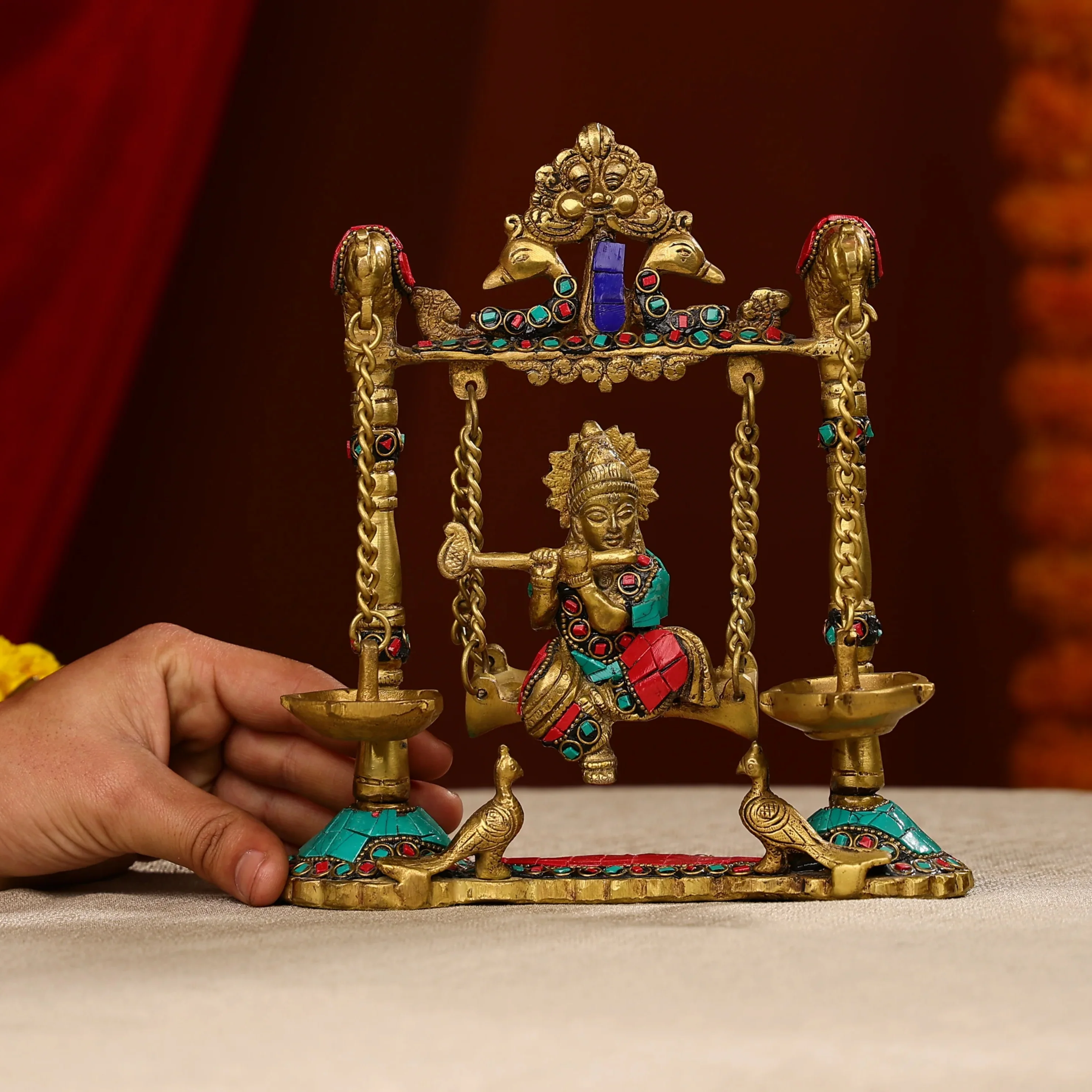 9" Brass Lord Krishna Fluting Idol on Swings With Hanging Panch Diya on Both Sides With Seated Peacocks | Stone Work