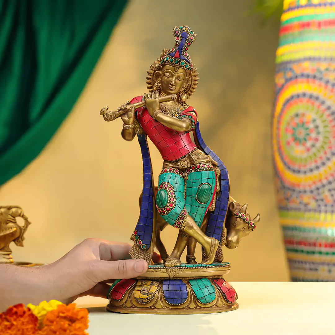 14" Brass Lord Krishna Fluting Idol with Cow in Background - Stone Work - Image 4