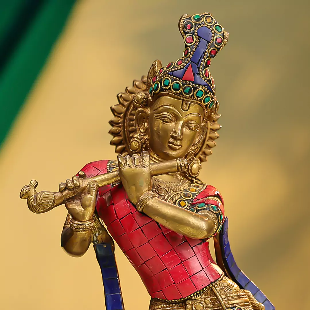 14" Brass Lord Krishna Fluting Idol with Cow in Background - Stone Work - Image 5