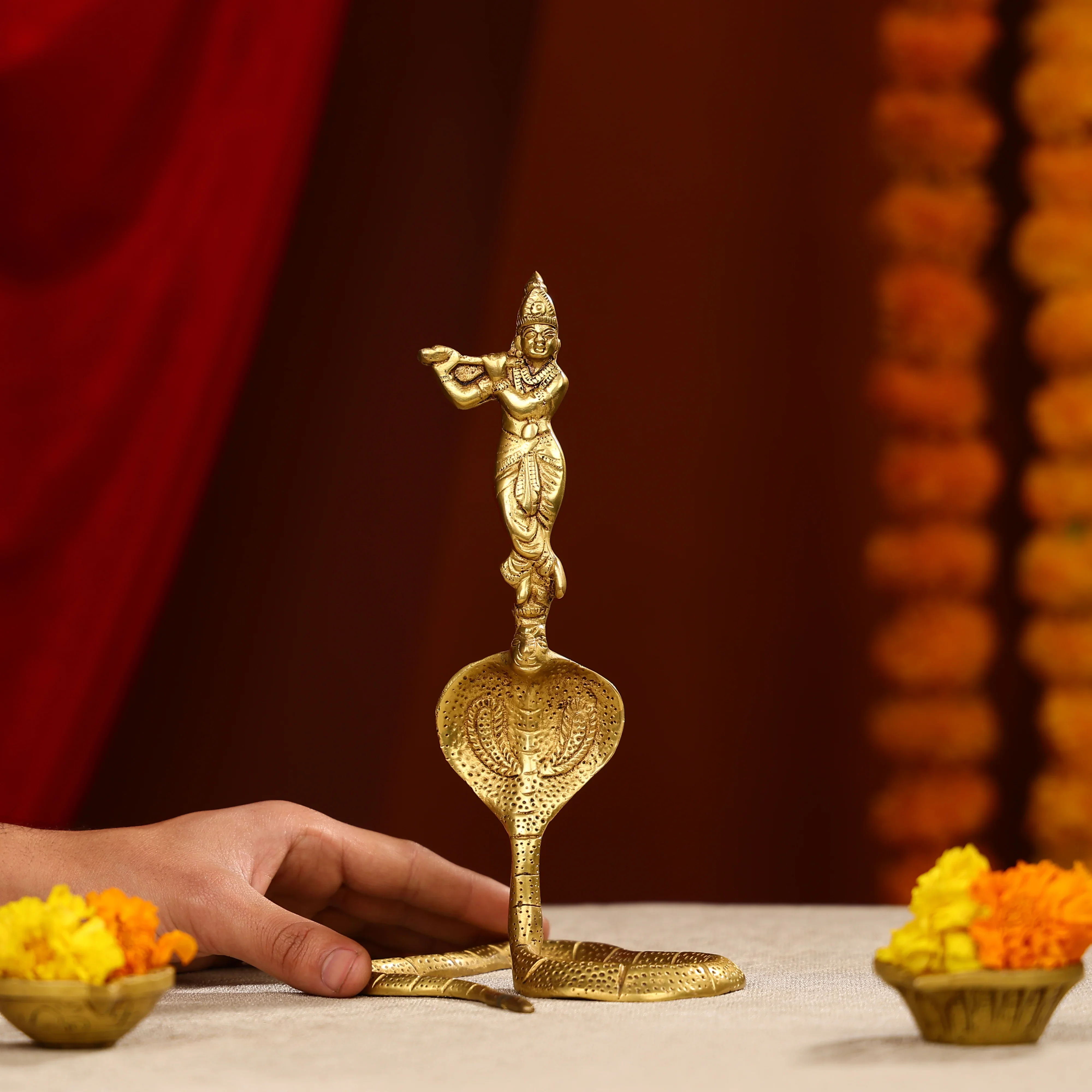 9.5" Brass Lord Krishna Idol Fluting on Sheesh Nag - Image 3