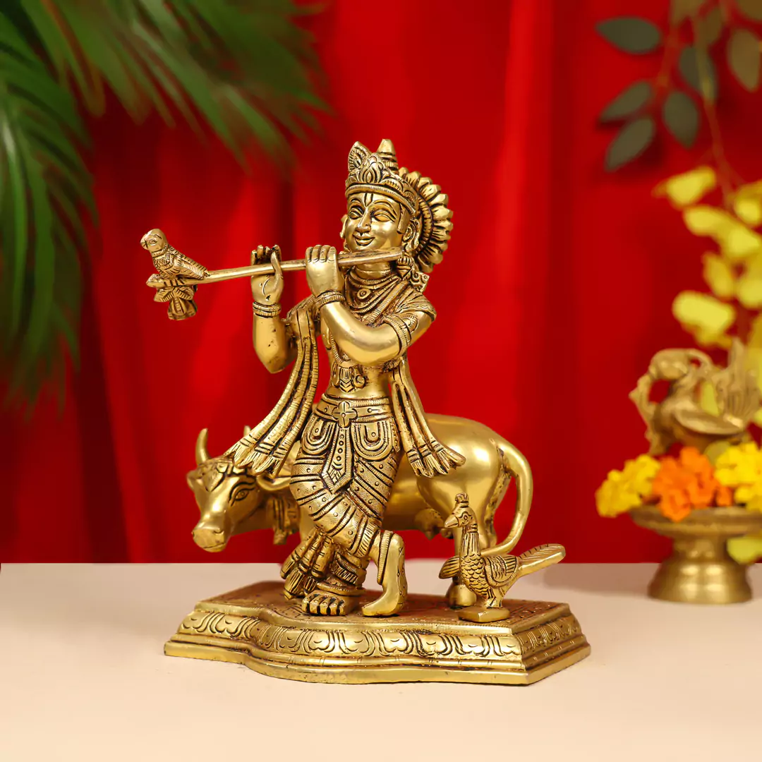 9" Brass Lord Krishna Idol Fluting With Cow In Background - Image 3
