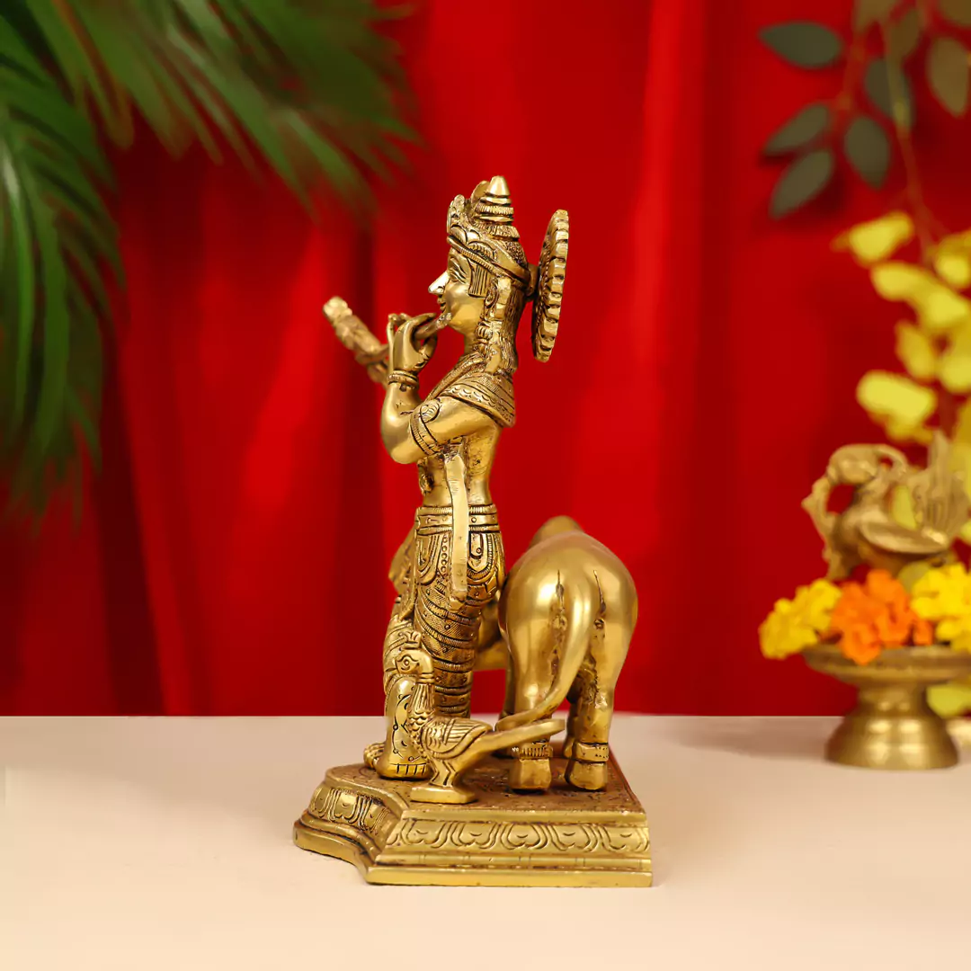 9" Brass Lord Krishna Idol Fluting With Cow In Background - Image 4