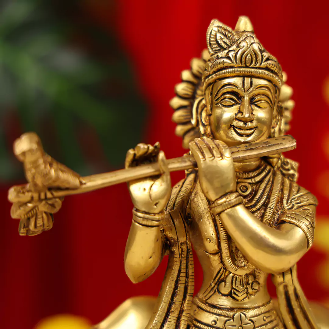 9" Brass Lord Krishna Idol Fluting With Cow In Background - Image 6