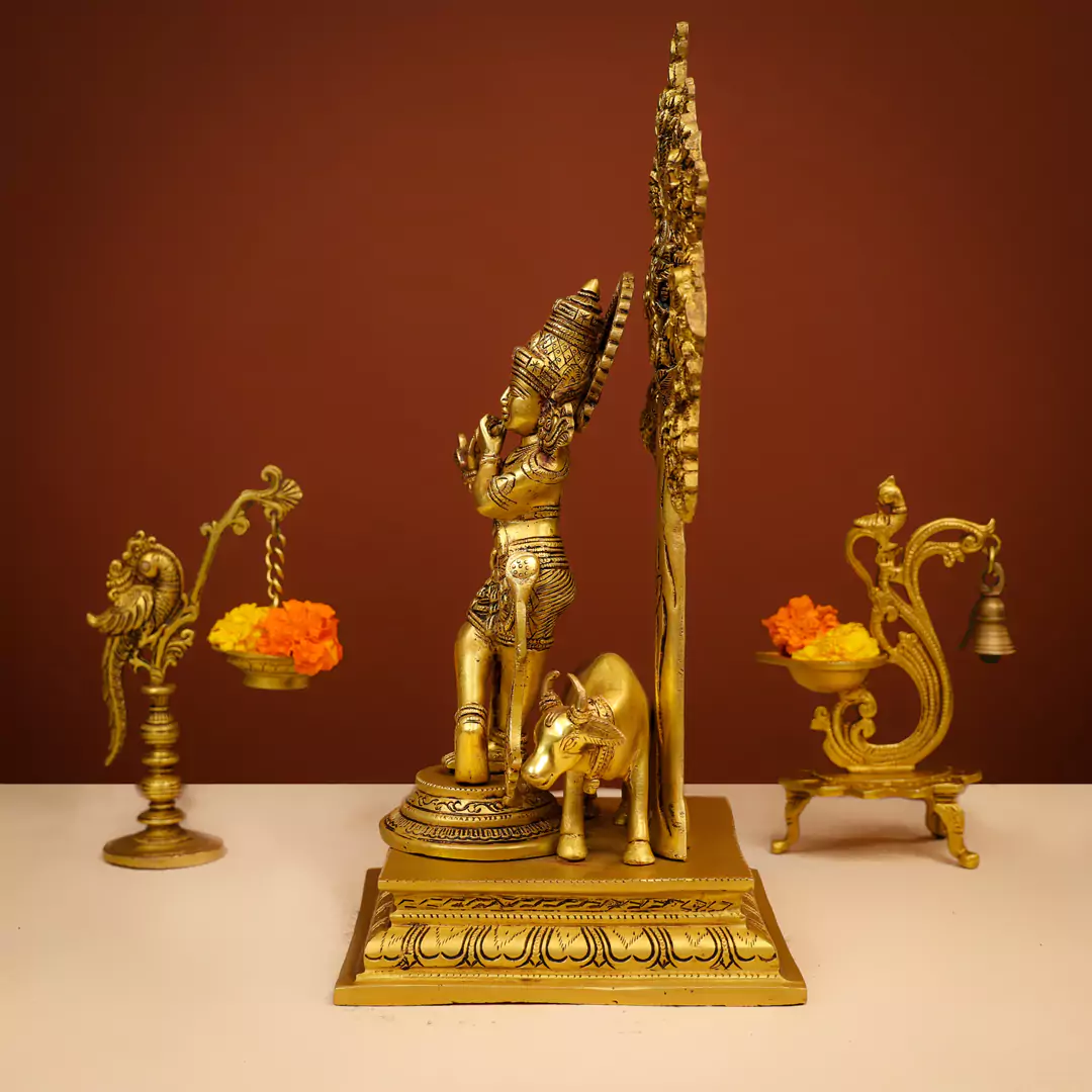 17" Brass Lord Krishna Murlidhar Idol Fluting With Cow Background Under The Tree - Image 3