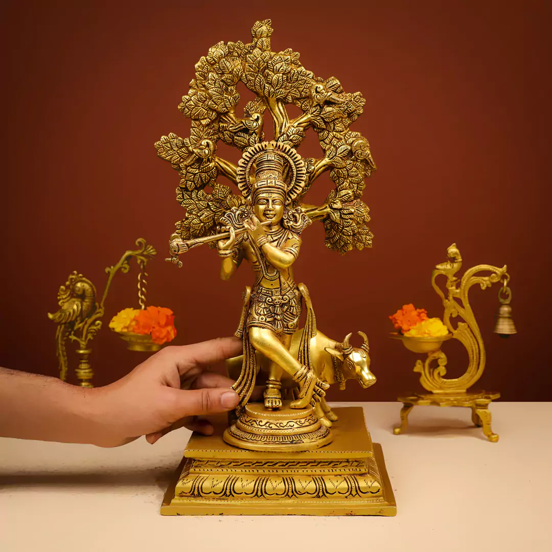 17" Brass Lord Krishna Murlidhar Idol Fluting With Cow Background Under The Tree - Image 4