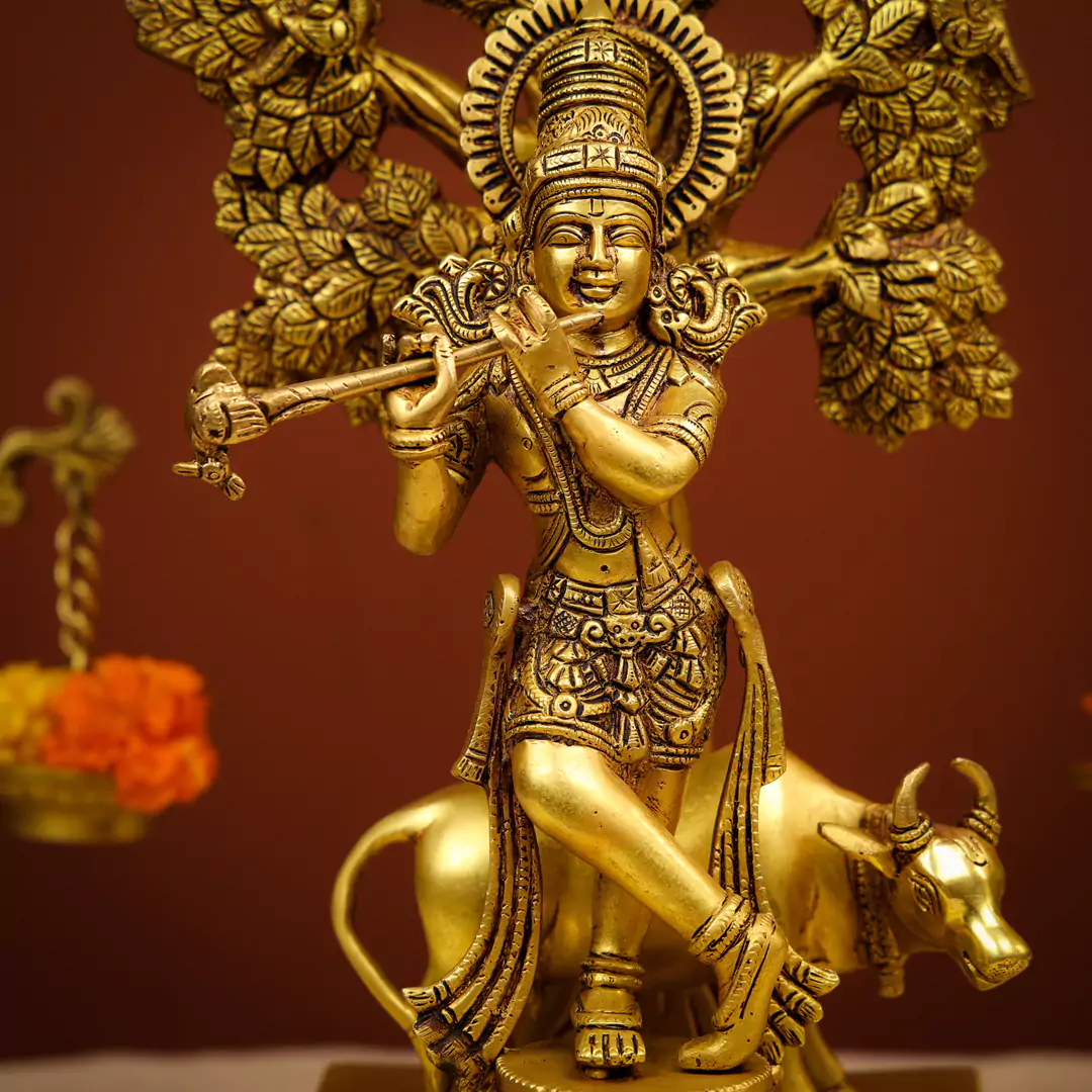 17" Brass Lord Krishna Murlidhar Idol Fluting With Cow Background Under The Tree - Image 5
