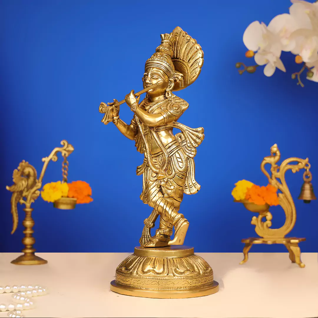 15" Brass Lord Krishna Murlidhar Idol Standing On Leaf Design Base - Image 3