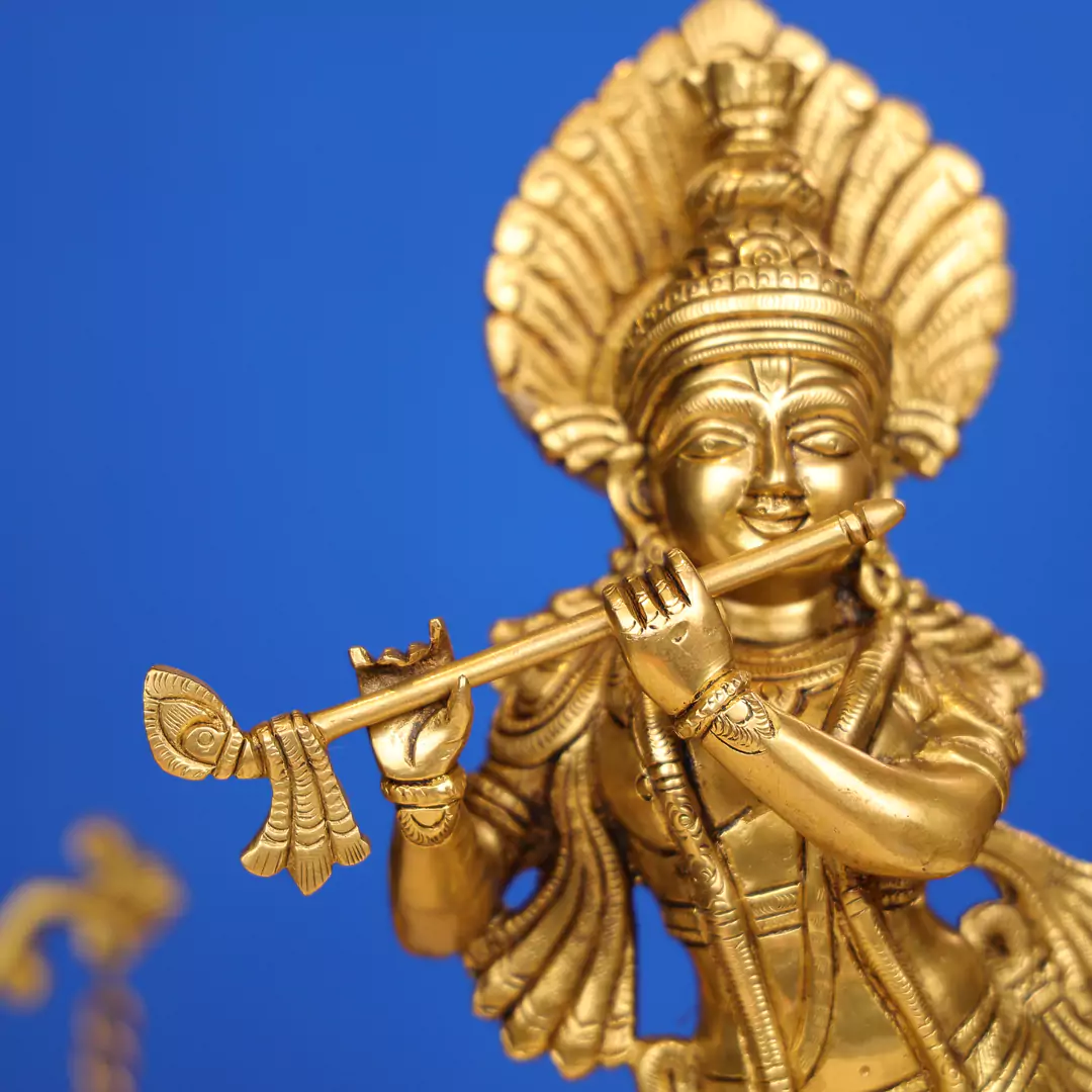 15" Brass Lord Krishna Murlidhar Idol Standing On Leaf Design Base - Image 5