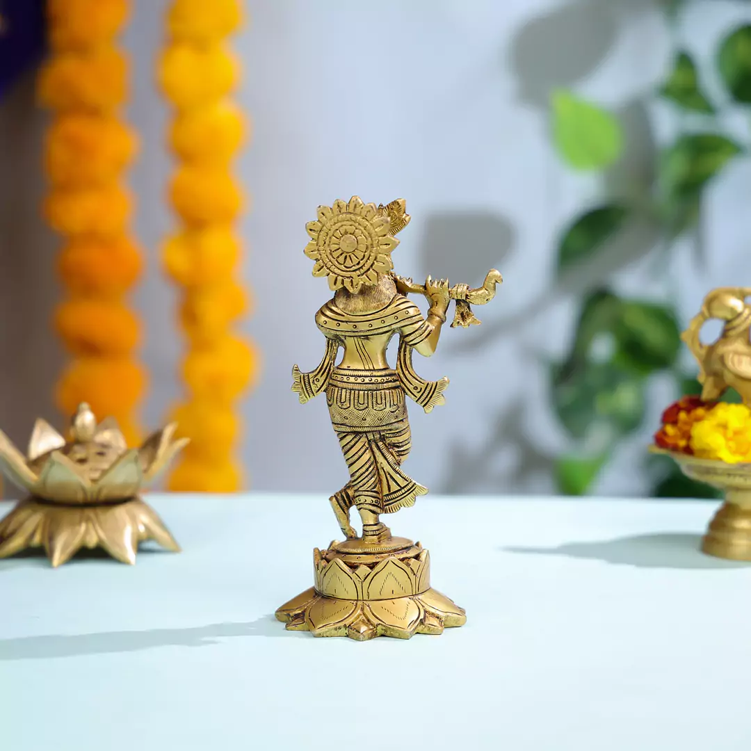 Brass Lord Krishna Playing Flute - Image 3