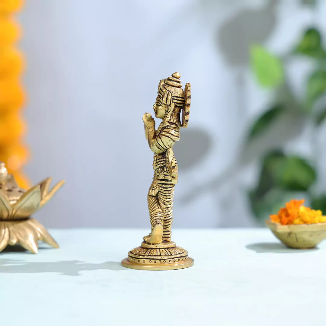 6" Super Fine Brass Lord Krishna Fluting Idol on Round Base - Image 2