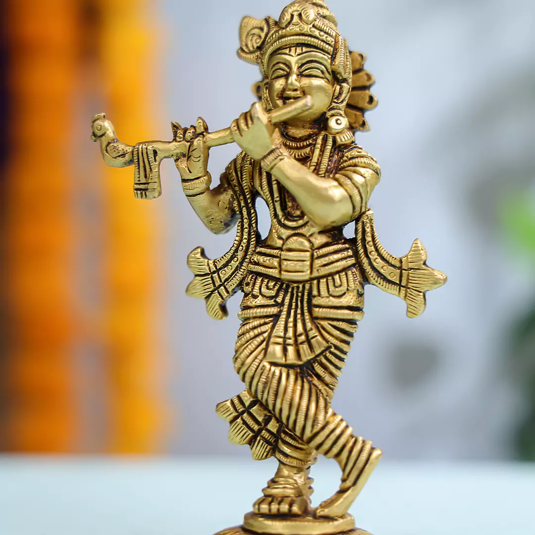 6" Super Fine Brass Lord Krishna Fluting Idol on Round Base - Image 4
