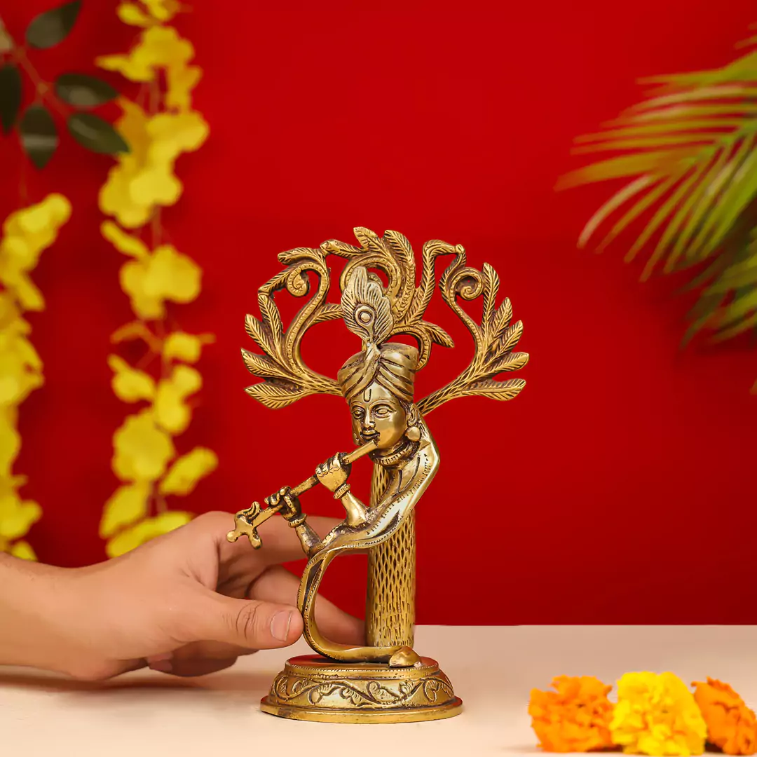 9" Brass Modern Krishna Fluting Under Tree Idol - Image 5