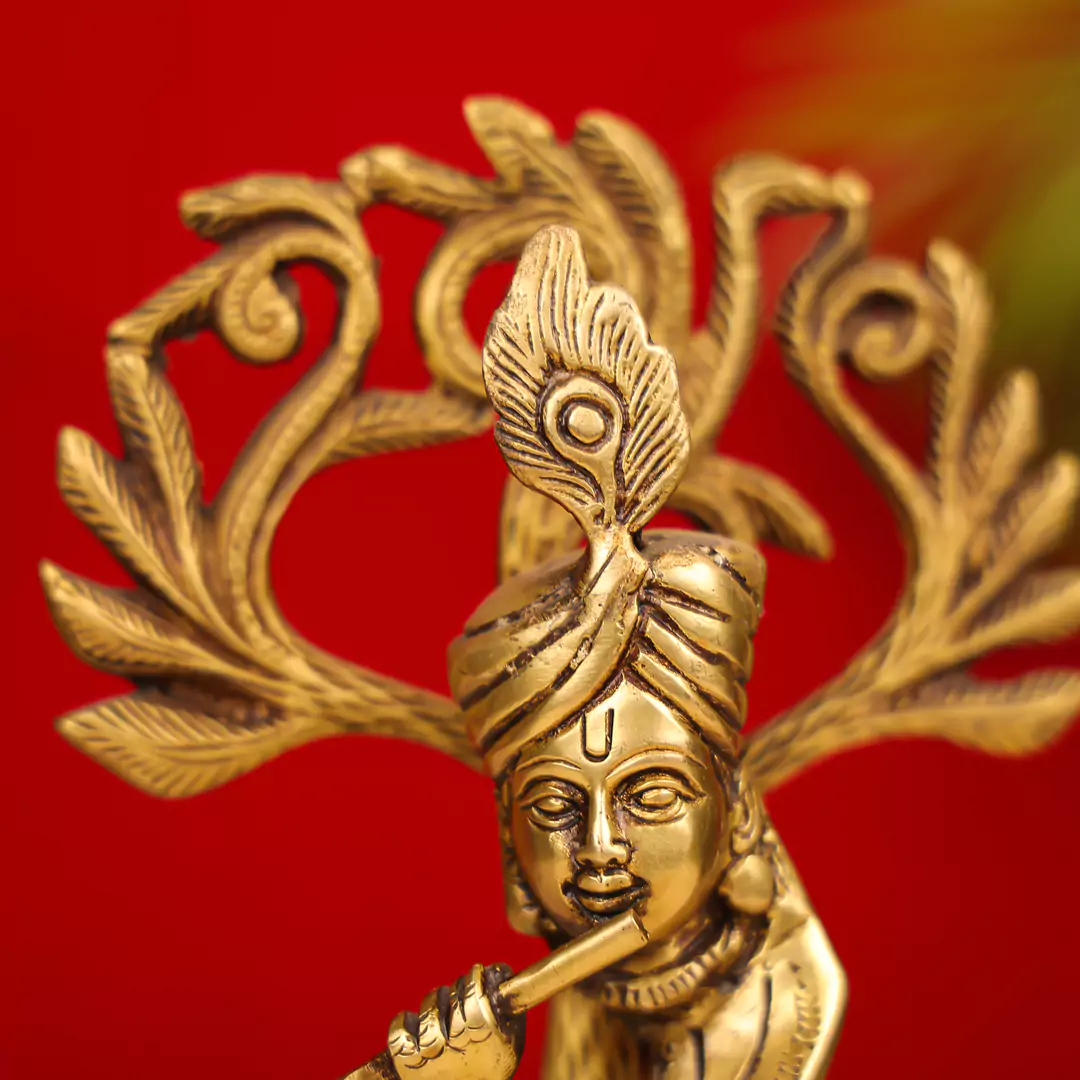 9" Brass Modern Krishna Fluting Under Tree Idol - Image 6