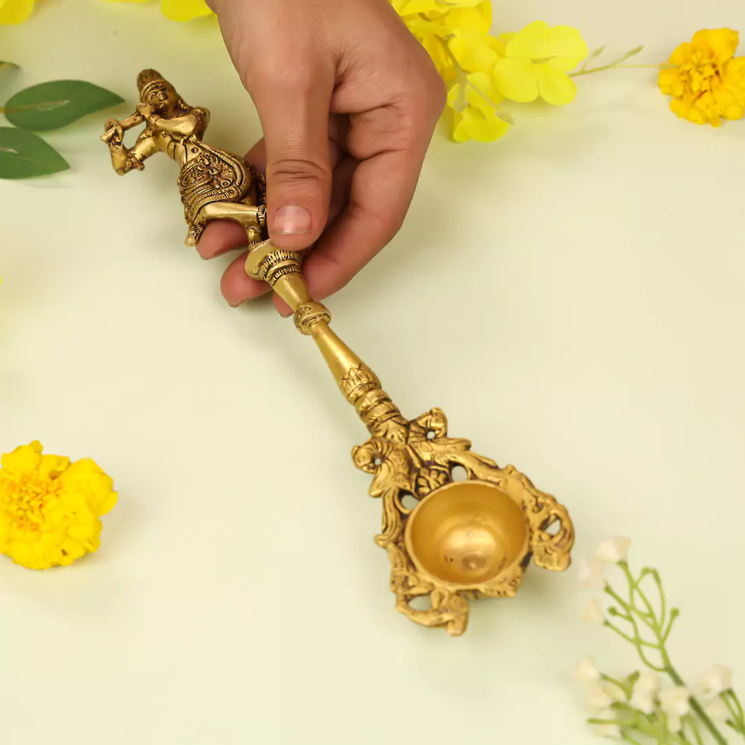 11" Brass Lord Krishna Pooja Hawan Spoon - Image 3