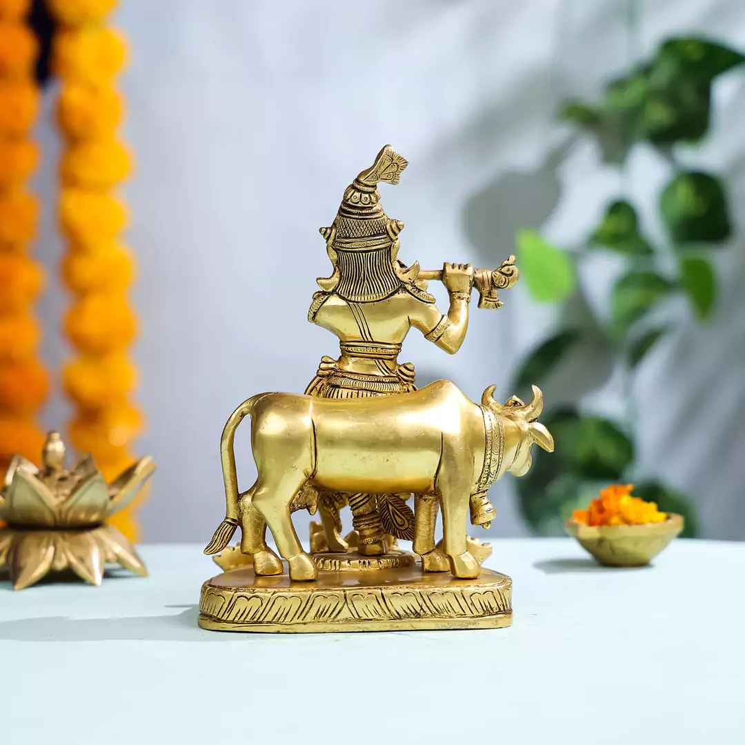 9" Brass Lord Krishna With Cow In Background - Image 2