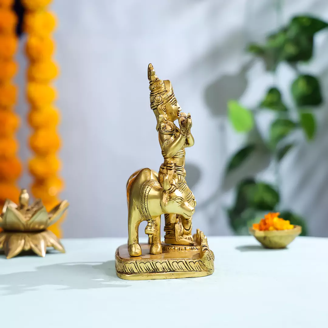 9" Brass Lord Krishna With Cow In Background - Image 3
