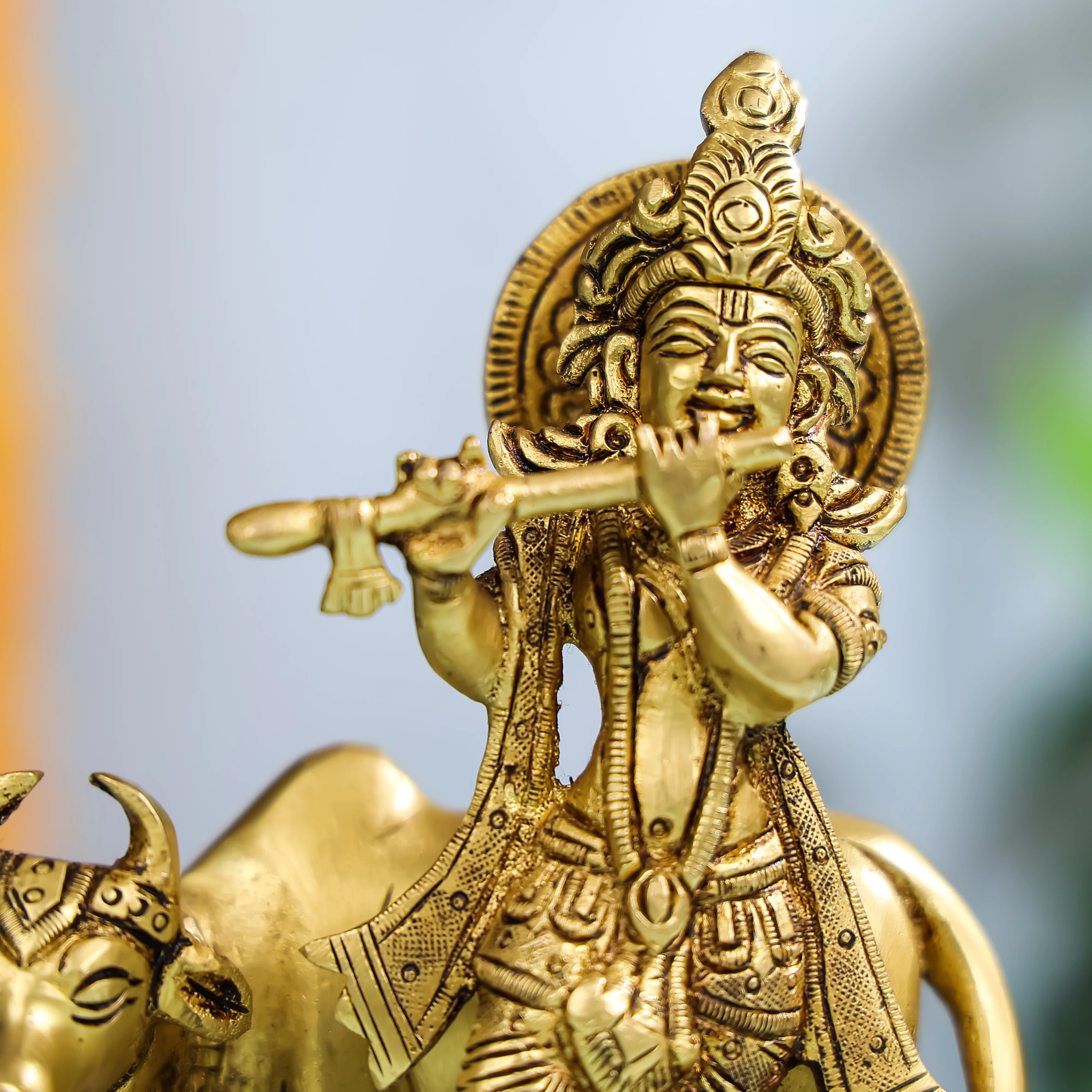 7" Brass Lord Krishna With Cow In Background - Image 4