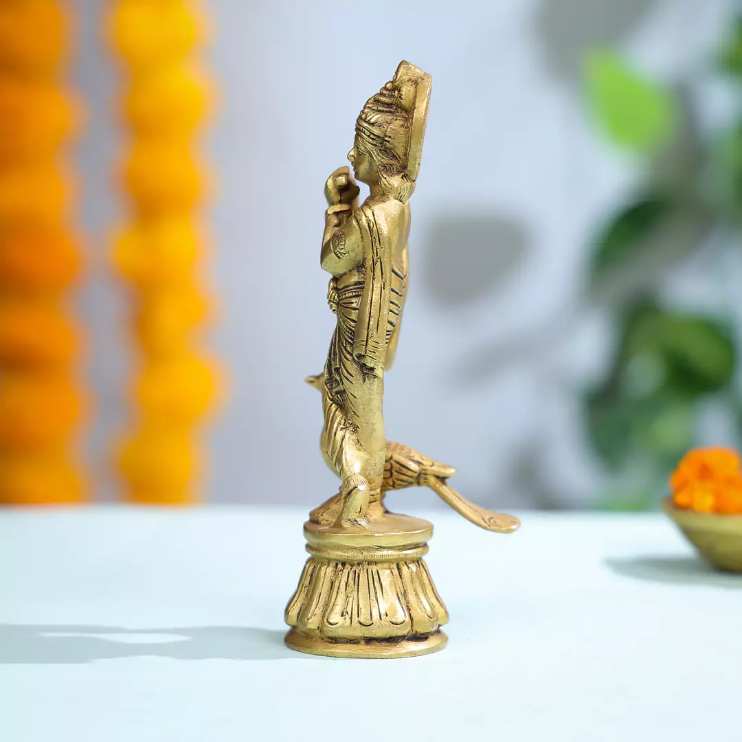 Brass Lord Krishna With Peacock - Image 3