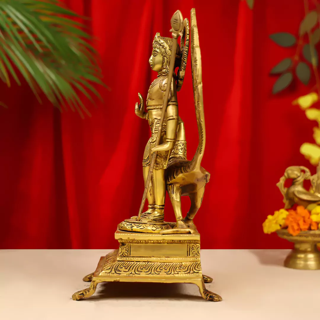 12" Brass Lord Murugan Idol (Kartikeya) Standing On Pedestal With Peacock - Image 4