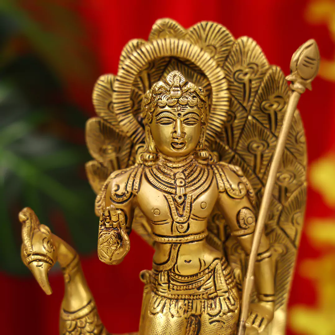 12" Brass Lord Murugan Idol (Kartikeya) Standing On Pedestal With Peacock - Image 6