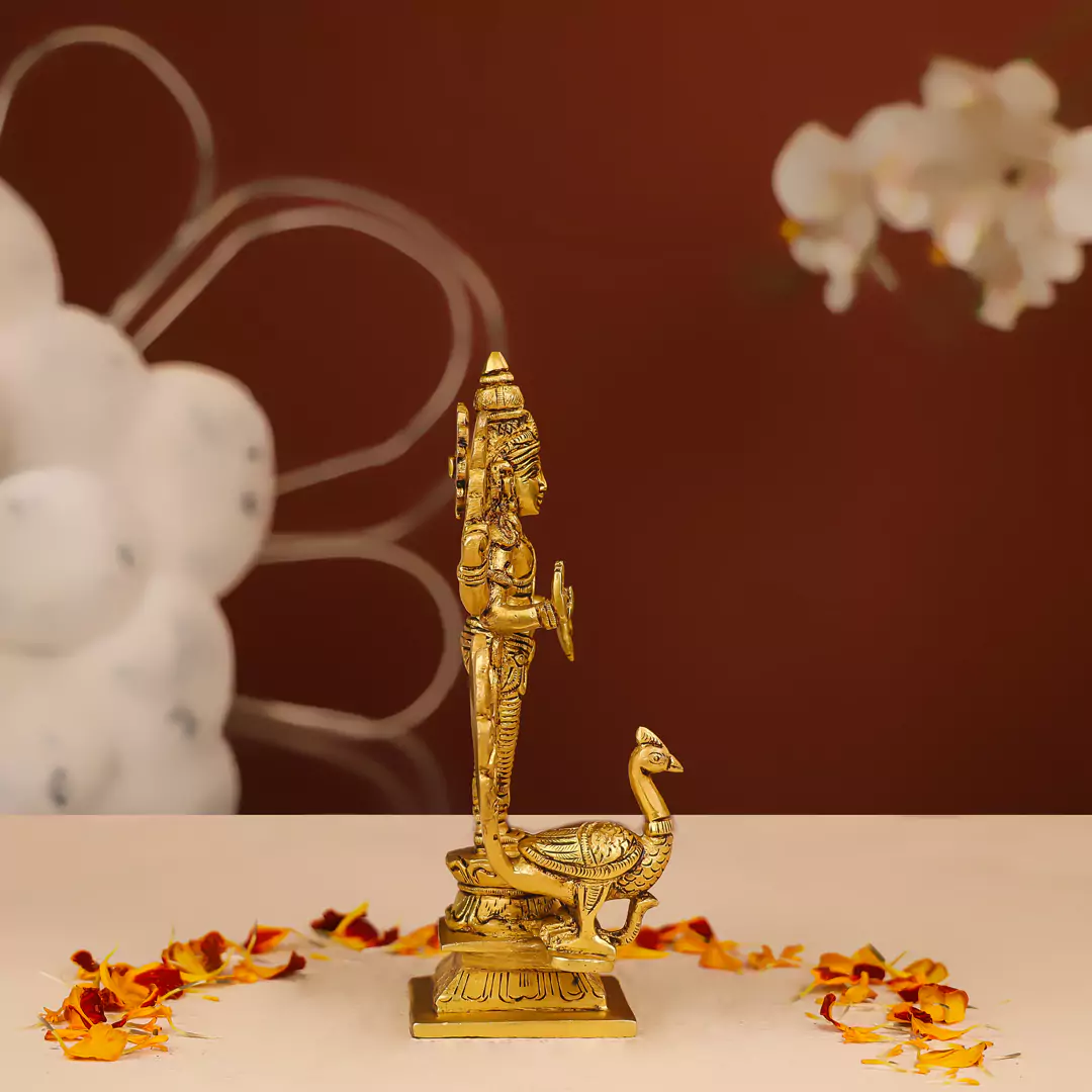 8" Brass Kartikeya Murugan Swami With Peacock Idol - Image 3