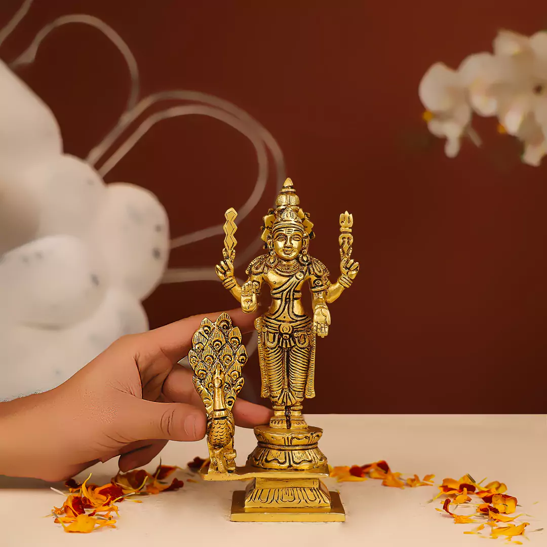 8" Brass Kartikeya Murugan Swami With Peacock Idol - Image 4