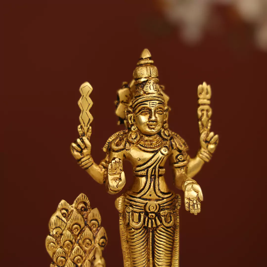 8" Brass Kartikeya Murugan Swami With Peacock Idol - Image 5