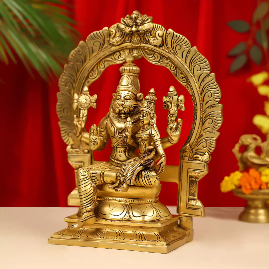 11.5" Brass Lord Narasimha With Goddess Lakshmi Idol - Image 3